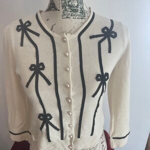 Rare Milly Cashmere Cardigan - Off White with Black Bows - Size Small